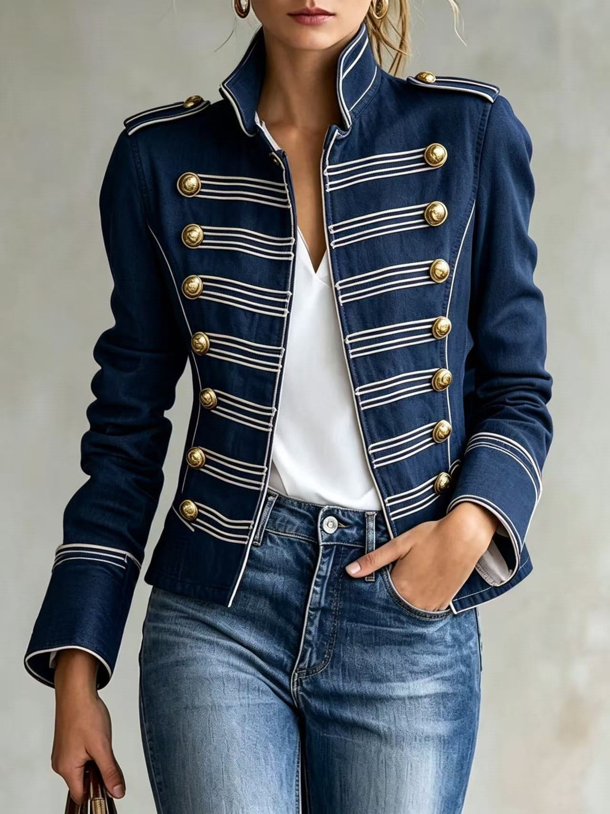 Marion | Veste en jean style militaire à boutons dorés - Bleu marine