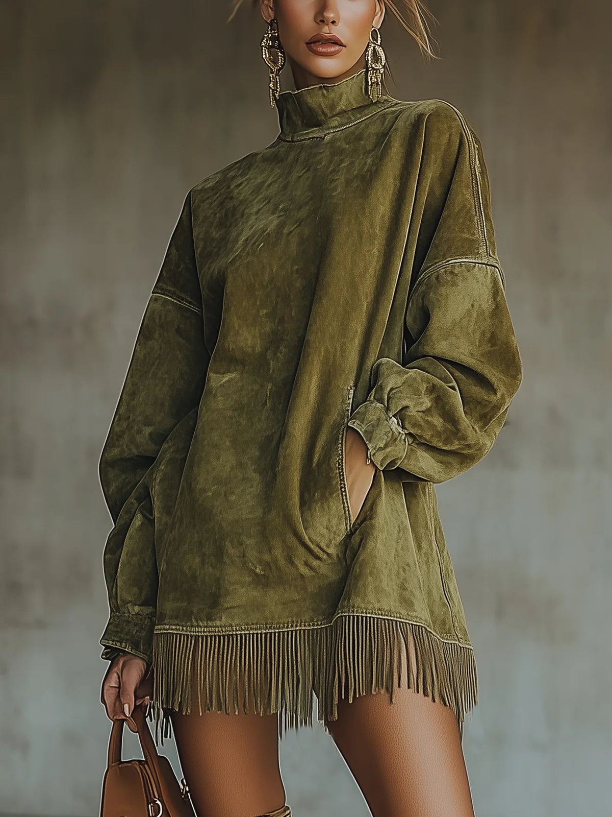Gabriela | Robe en suède à col montant et franges