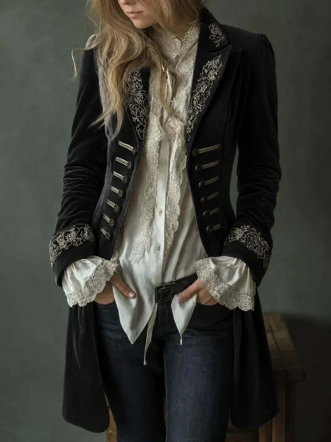 Philomena | Veste longue en velours brodé - Noir