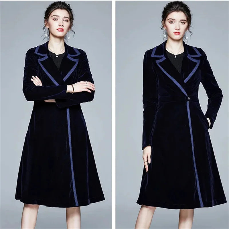 Seraphina | Manteau long en velours - Bleu marine - Mi-long