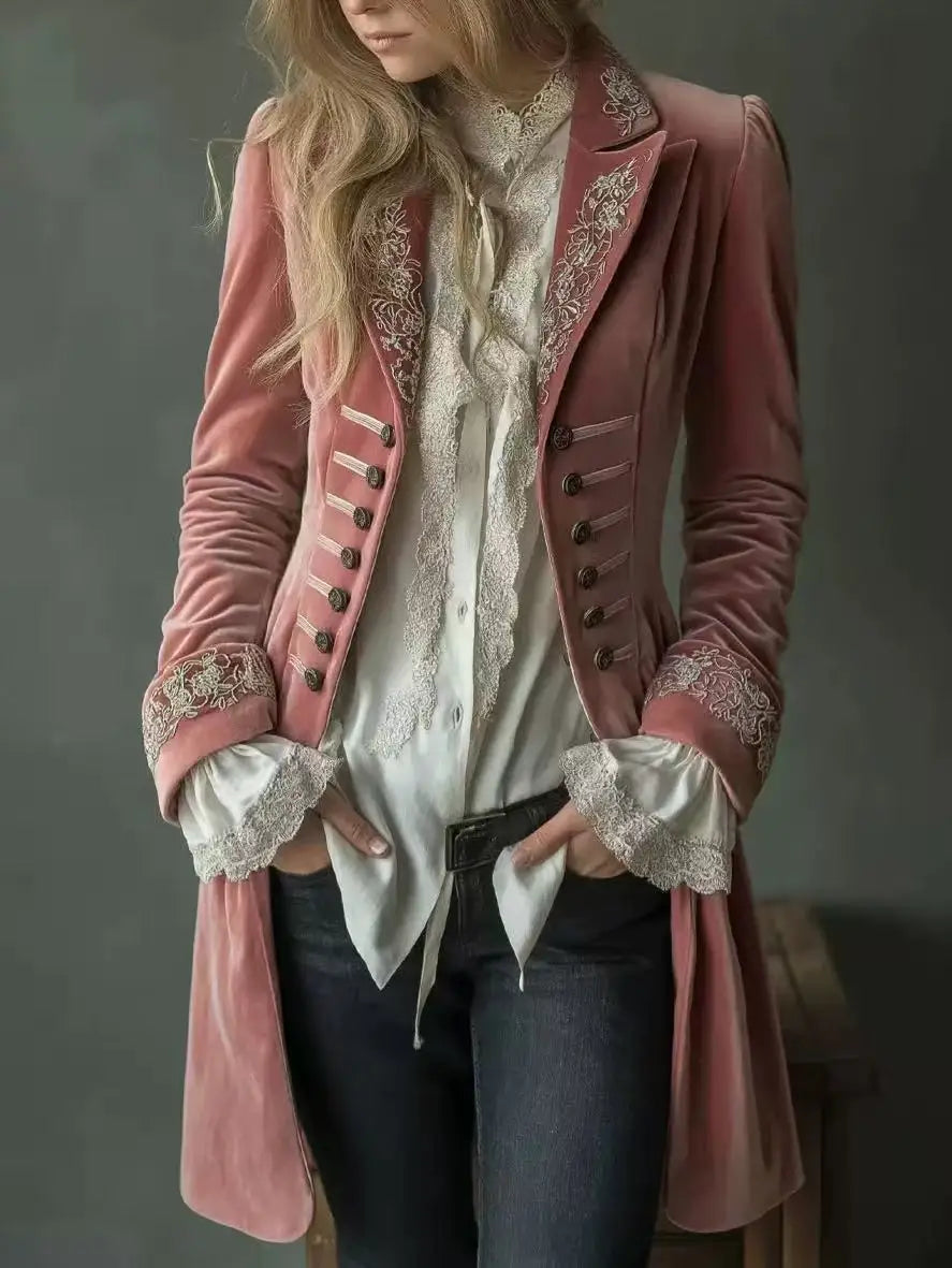 Philomena | Veste longue en velours brodé - Rose