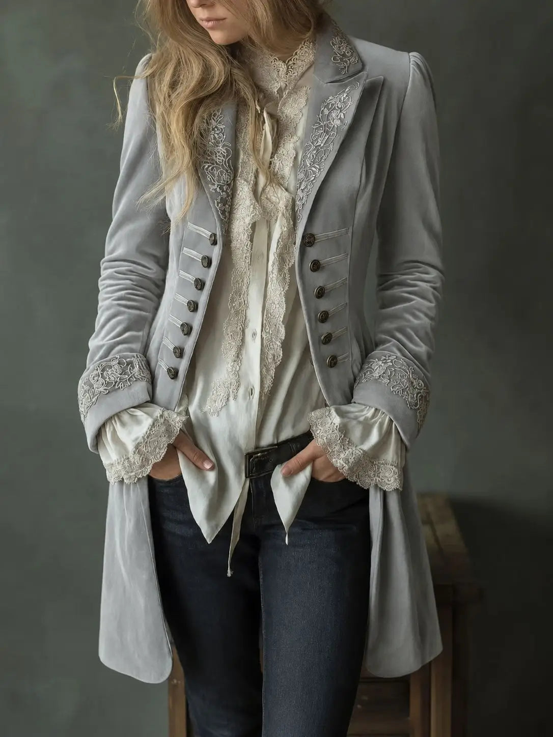 Philomena | Veste longue en velours brodé - Gris