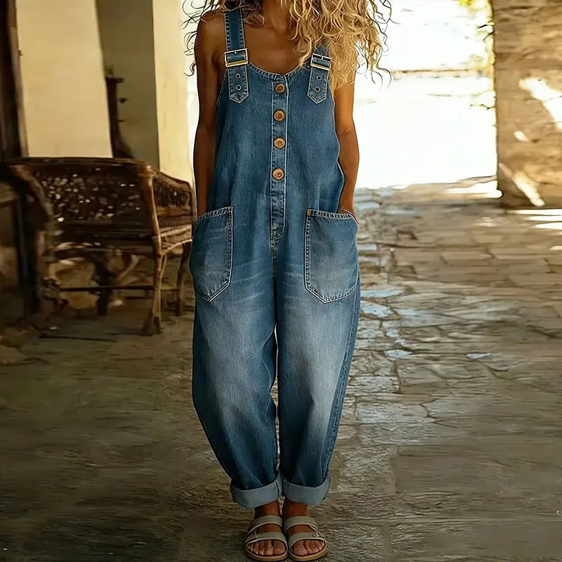 Mara | Salopette effet jean en coton doux vintage à bretelles réglables