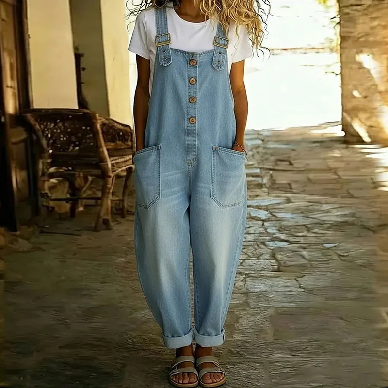 Mara | Salopette effet jean en coton doux vintage à bretelles réglables