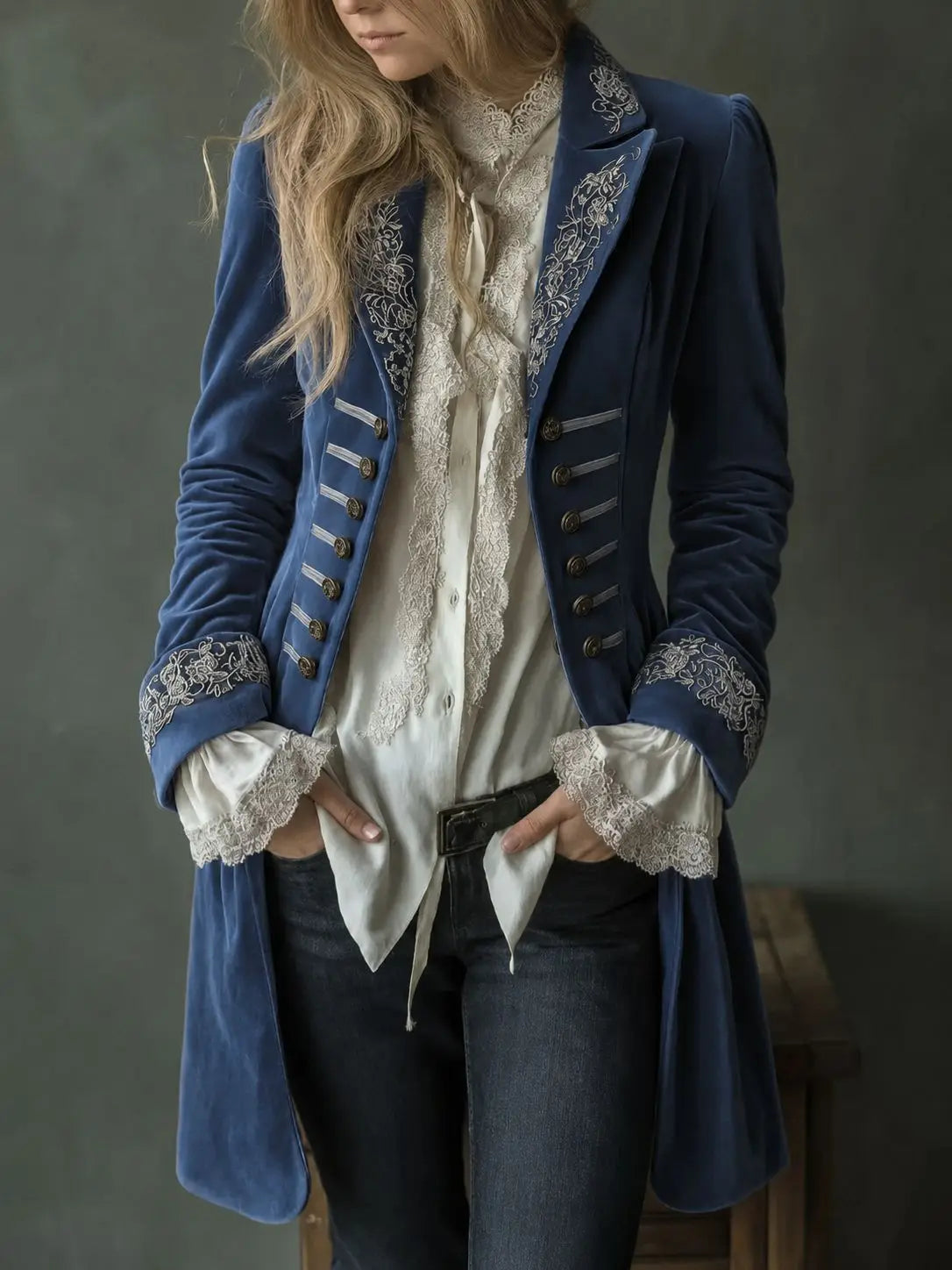 Philomena | Veste longue en velours brodé - Bleu