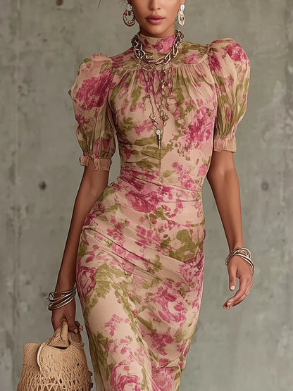 Fiora - Robe longue imprimé roses vintage et manches bouffantes