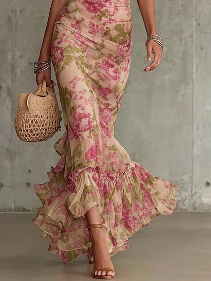 Fiora - Robe longue imprimé roses vintage et manches bouffantes