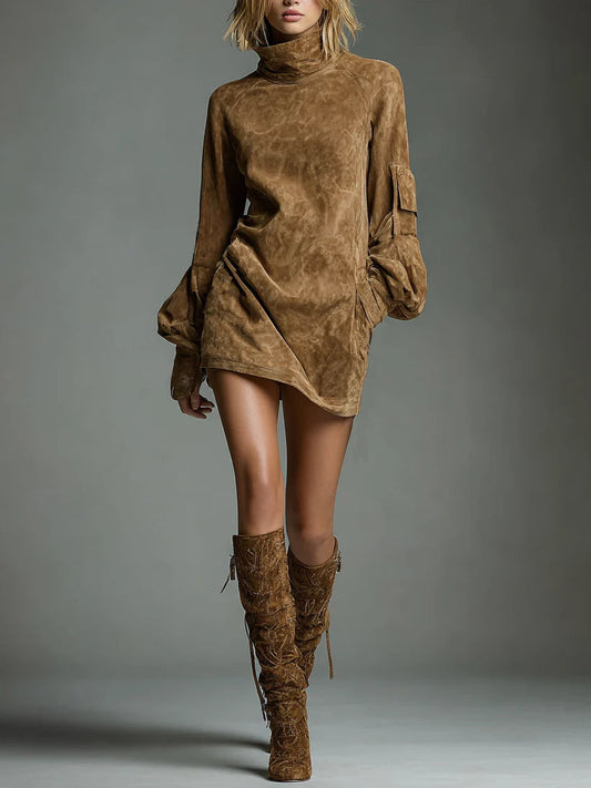 Robe courte oversize en suède à col montant