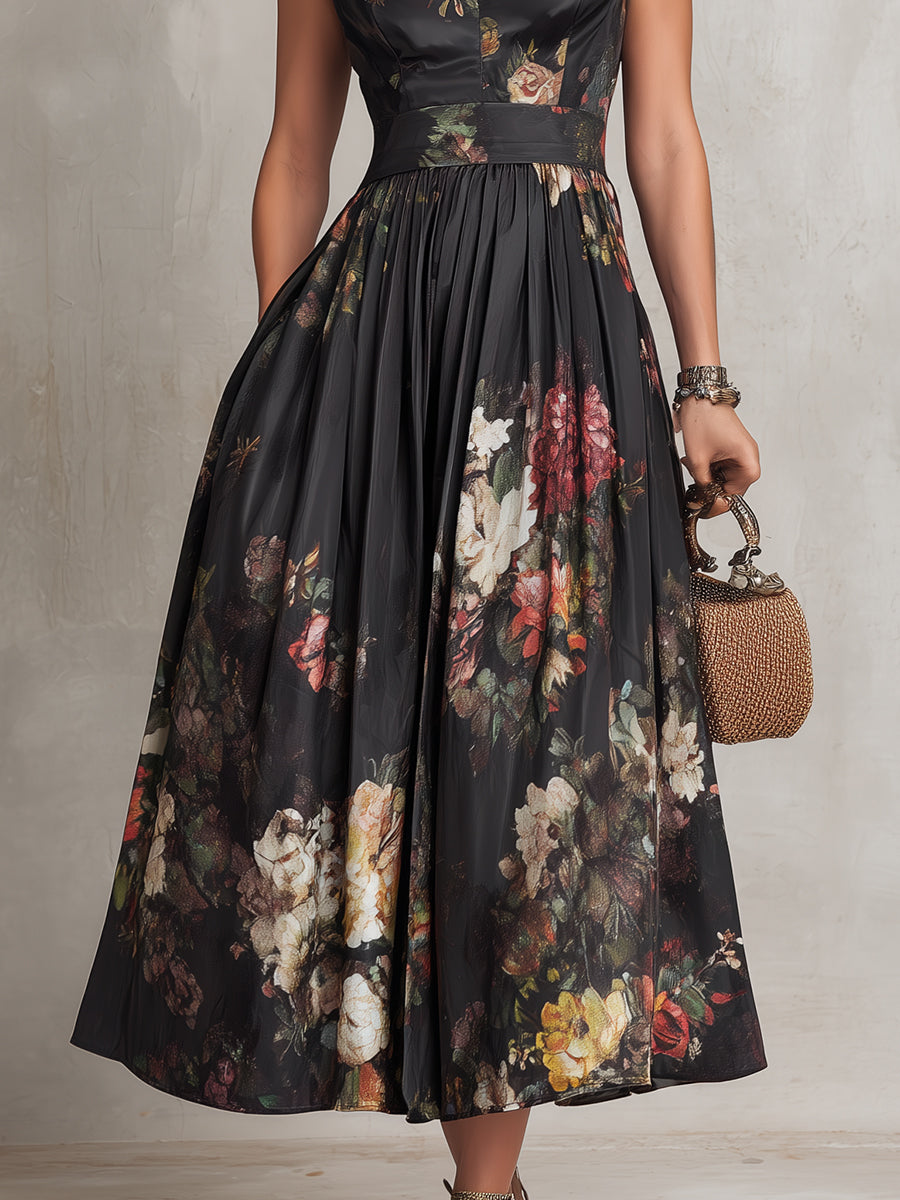 Mia | Robe mi-longue en satin plissé à col découpé