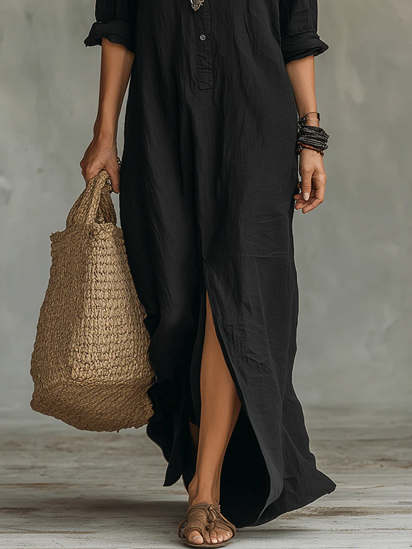 Soraya | Robe longue noire ample boutonnée
