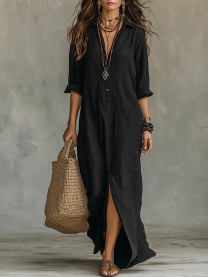 Soraya | Robe longue noire ample boutonnée