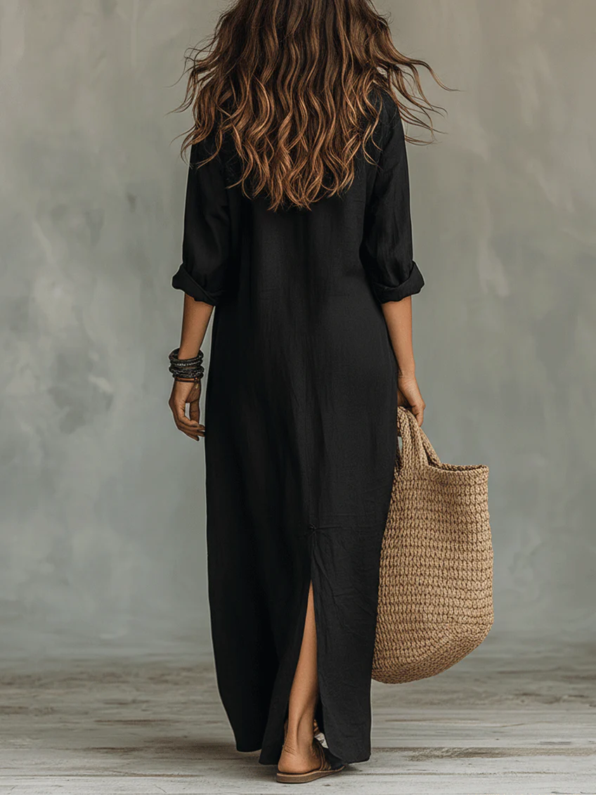 Soraya | Robe longue noire ample boutonnée