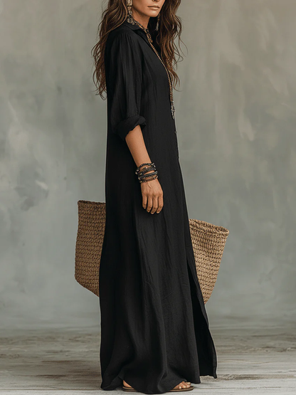 Soraya | Robe longue noire ample boutonnée