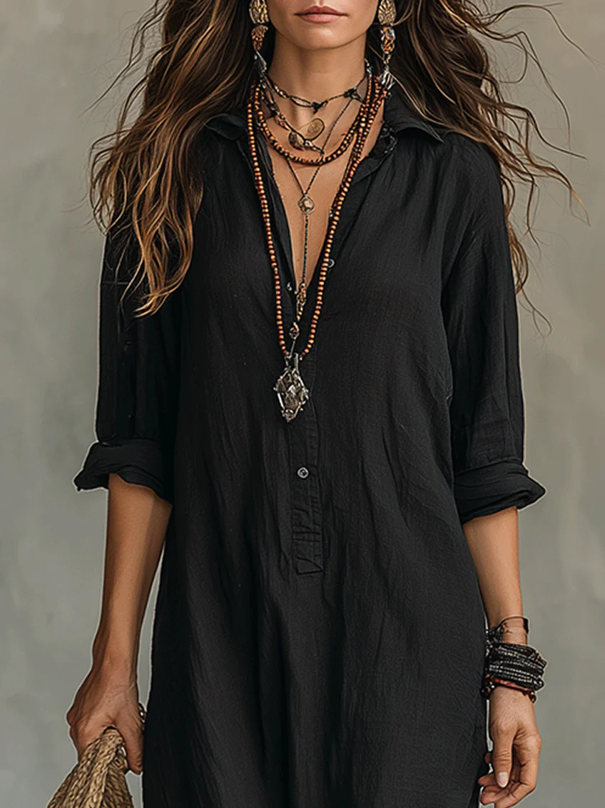 Soraya | Robe longue noire ample boutonnée