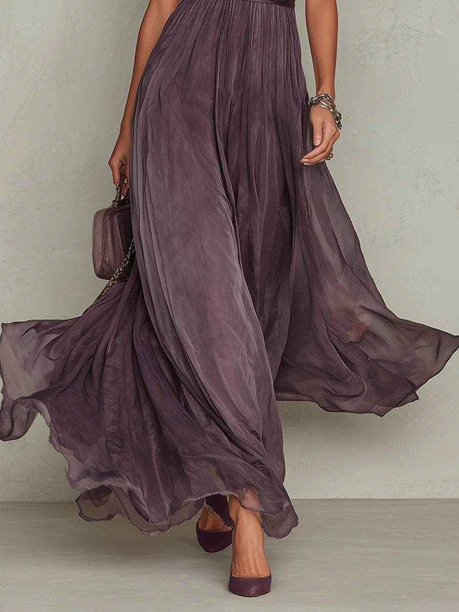 Flavia - Robe longue violette avec décolleté en goutte d'eau et bordure en dentelle de mousseline