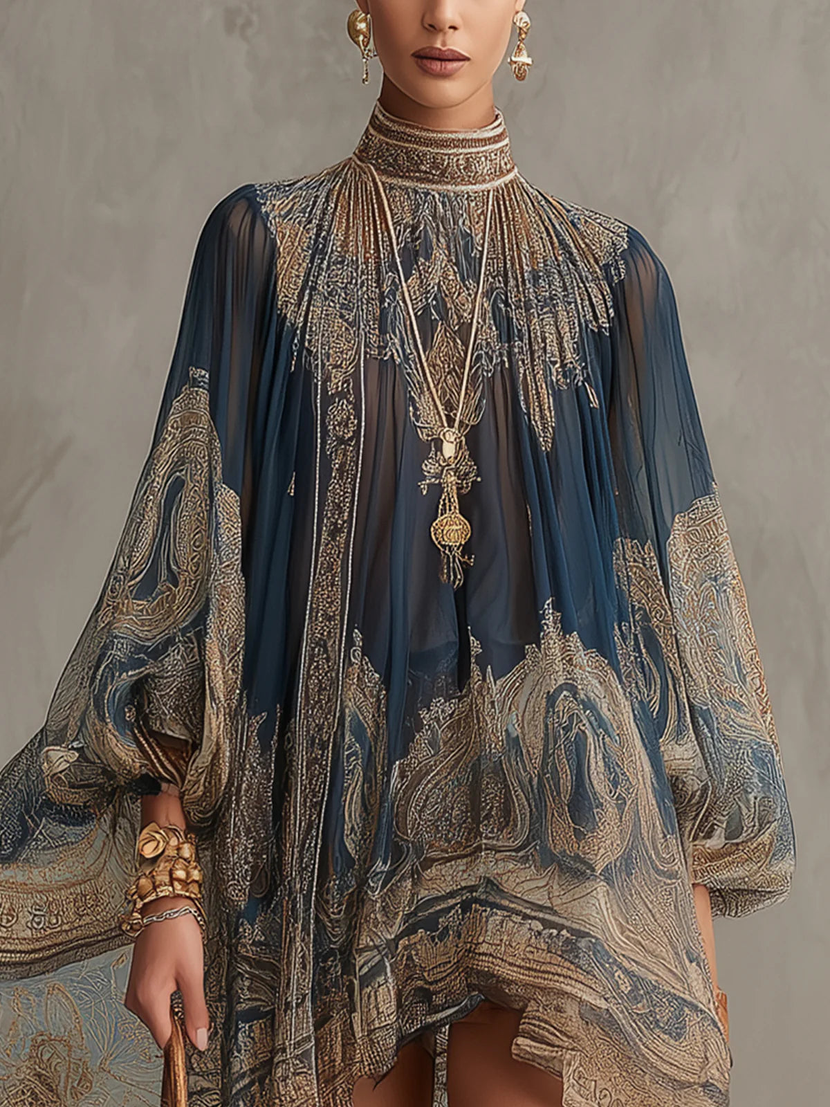 Marianna | Mini-robe en mousseline bleu marine à imprimé baroque doré