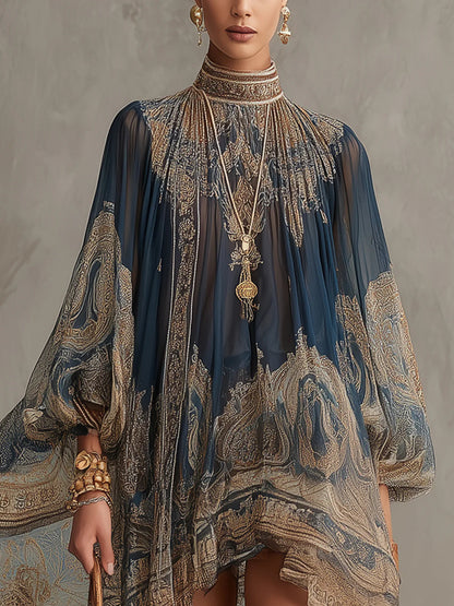 Marianna | Mini-robe en mousseline bleu marine à imprimé baroque doré