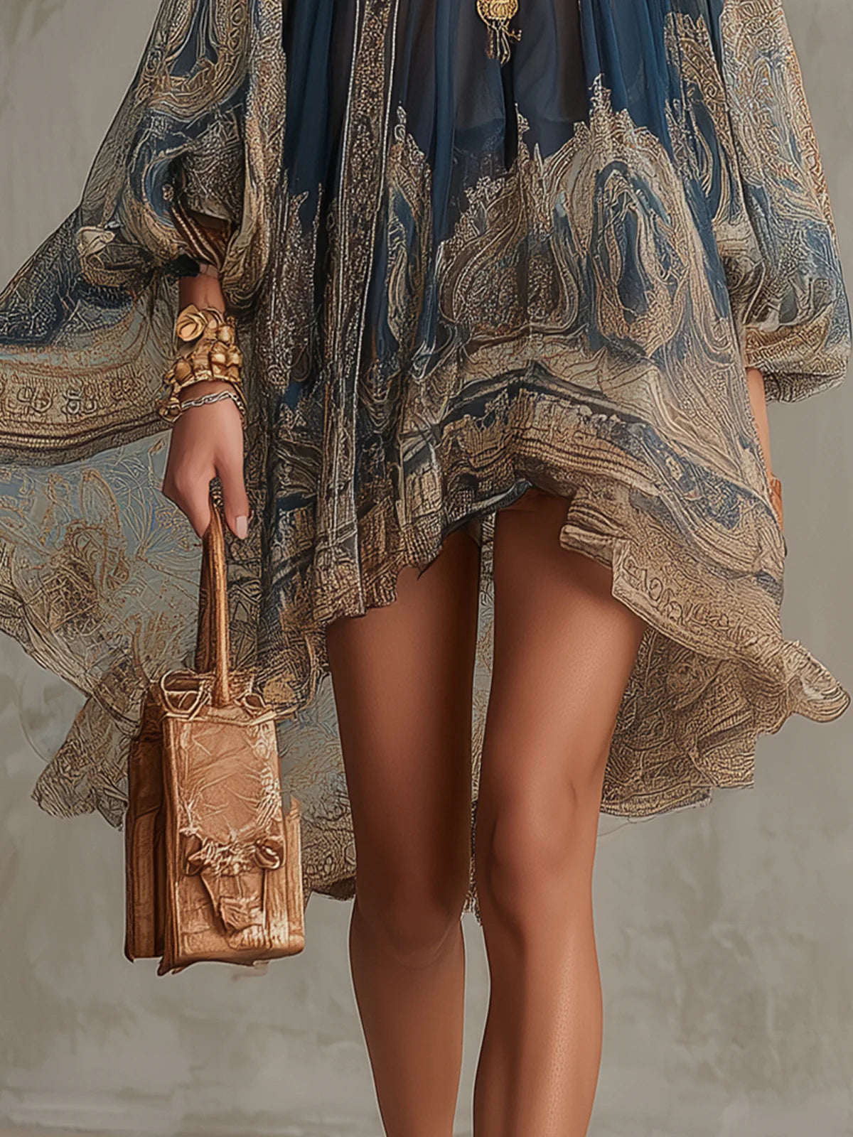 Marianna | Mini-robe en mousseline bleu marine à imprimé baroque doré