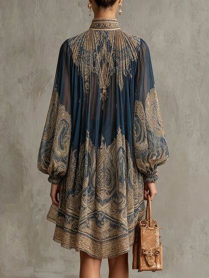 Marianna | Mini-robe en mousseline bleu marine à imprimé baroque doré