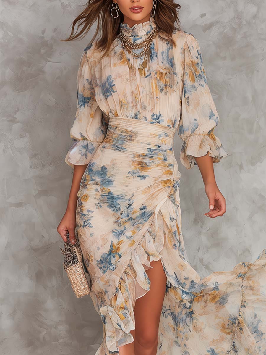 Robe longue beige en mousseline à imprimé floral façon peinture à l’huile, col montant