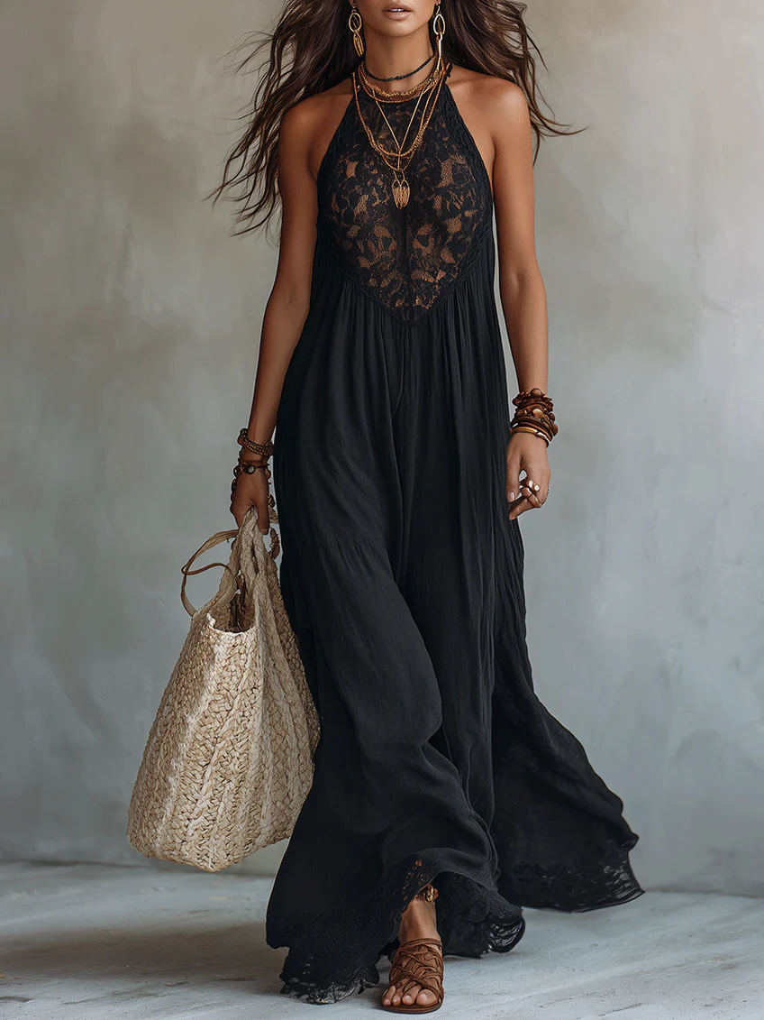 Robe longue bohème sans manches à finitions en dentelle — noir