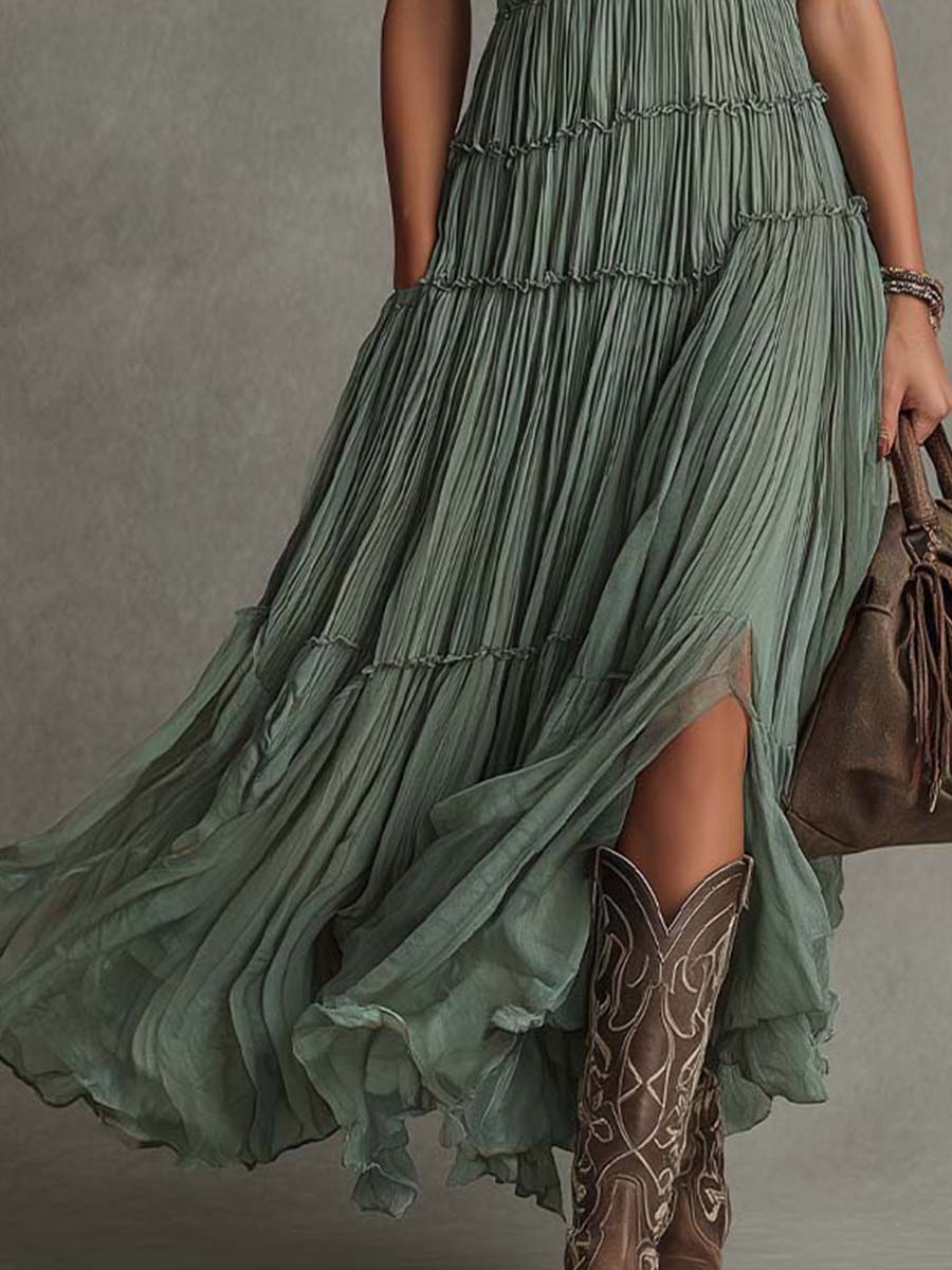 Ava | Robe longue plissée à col V froncé