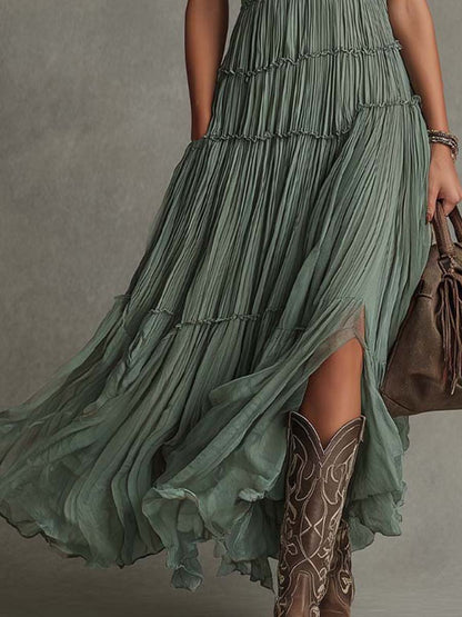 Ava | Robe longue plissée à col V froncé