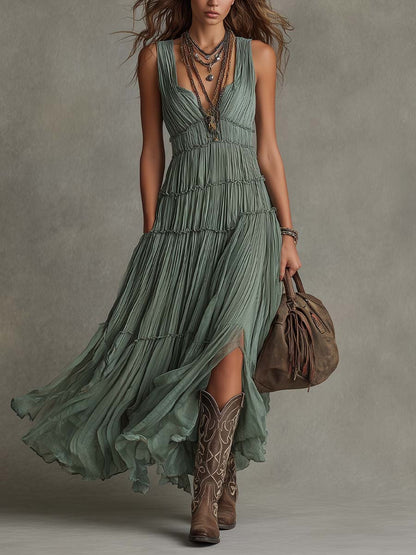Ava | Robe longue plissée à col V froncé