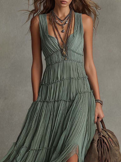 Ava | Robe longue plissée à col V froncé