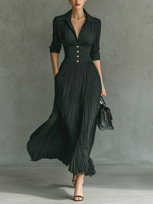 Elvira | Robe longue plissée à revers et taille haute