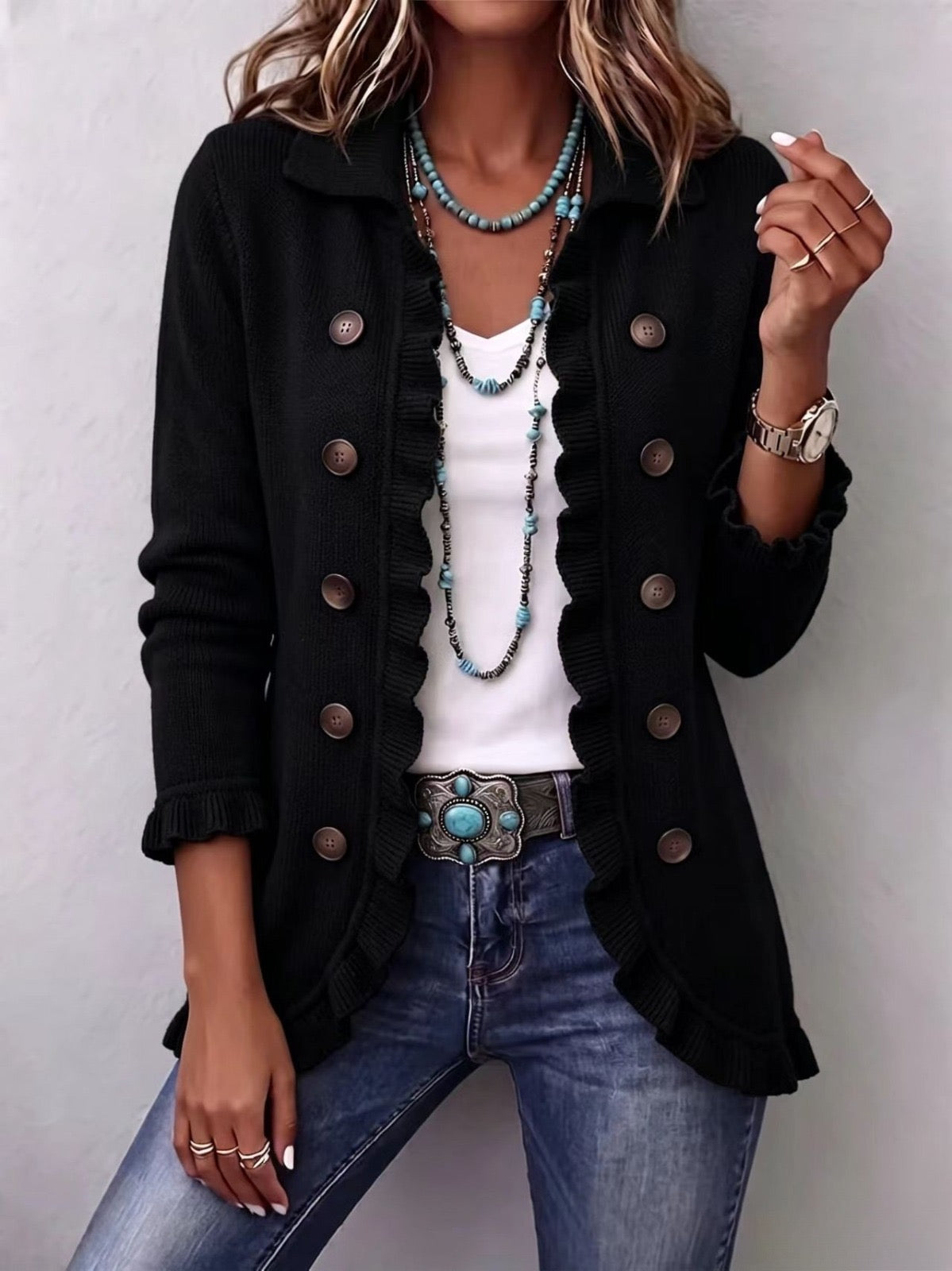 Lucía | Veste en maille noire à volants - Noir