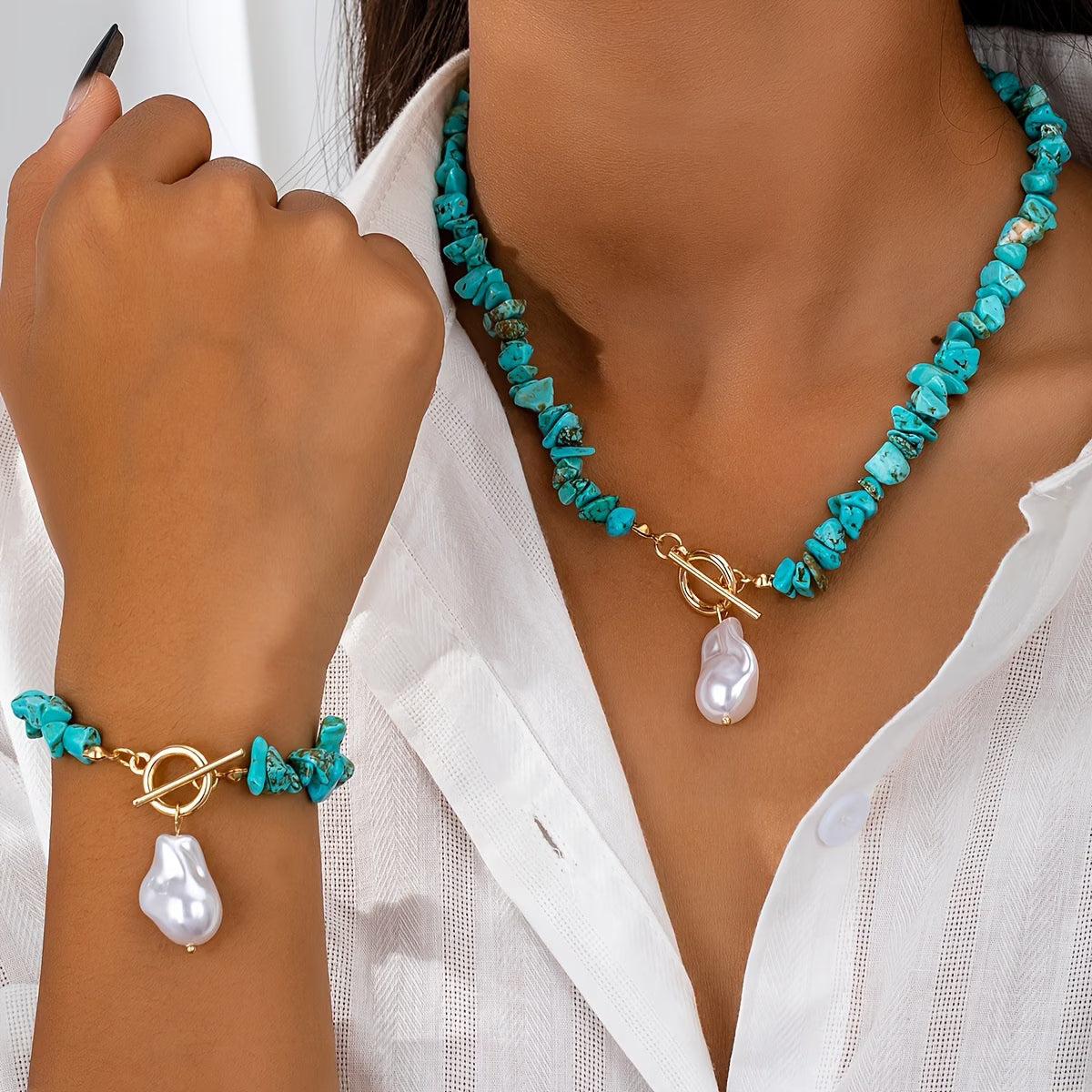 Parure collier et bracelet turquoise et perle