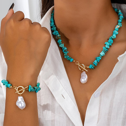 Parure collier et bracelet turquoise et perle