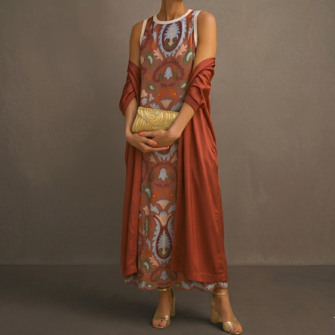 Daniela | Robe longue imprimée avec gilet assorti
