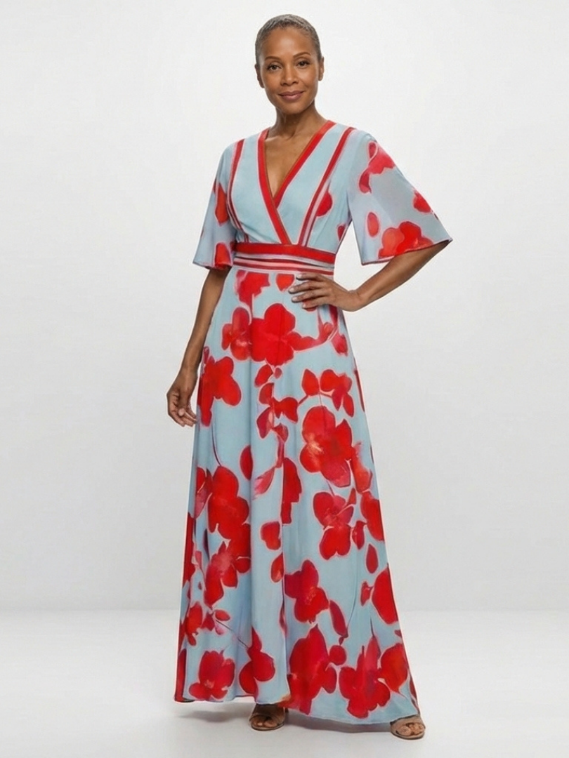 Corinne | Robe à fleurs à col en V et manches courtes