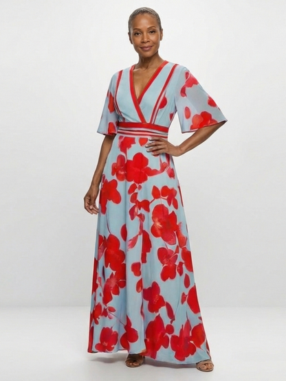 Corinne | Robe à fleurs à col en V et manches courtes