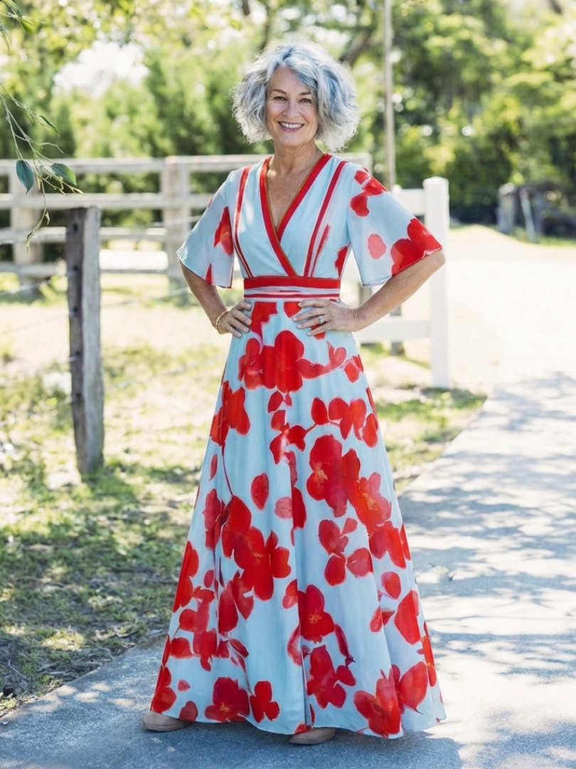 Corinne | Robe à fleurs à col en V et manches courtes