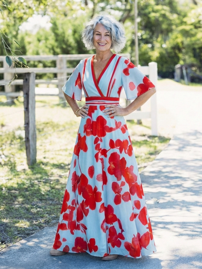 Corinne | Robe à fleurs à col en V et manches courtes