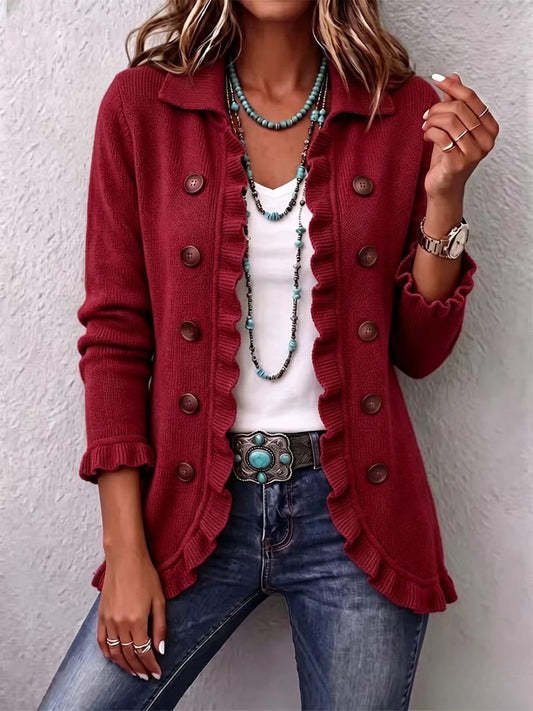 Dolores | Veste en maille rouge rubis à volants - Rouge rubis