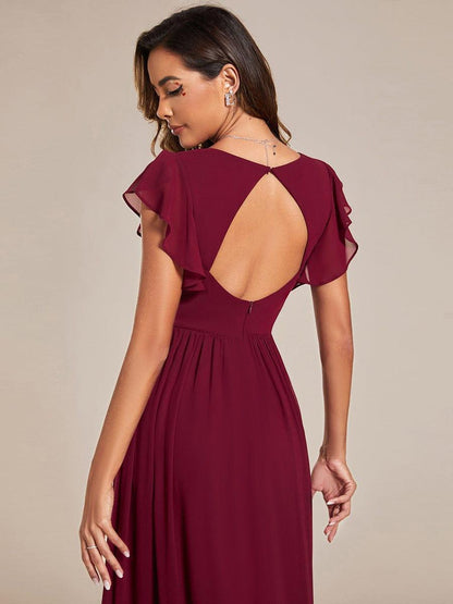 LILYANA™ | Robe de demoiselle d'honneur en mousseline à manches plissées et dos fendu