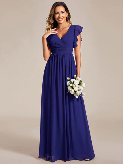 LILYANA™ | Robe de demoiselle d'honneur en mousseline à manches plissées et dos fendu