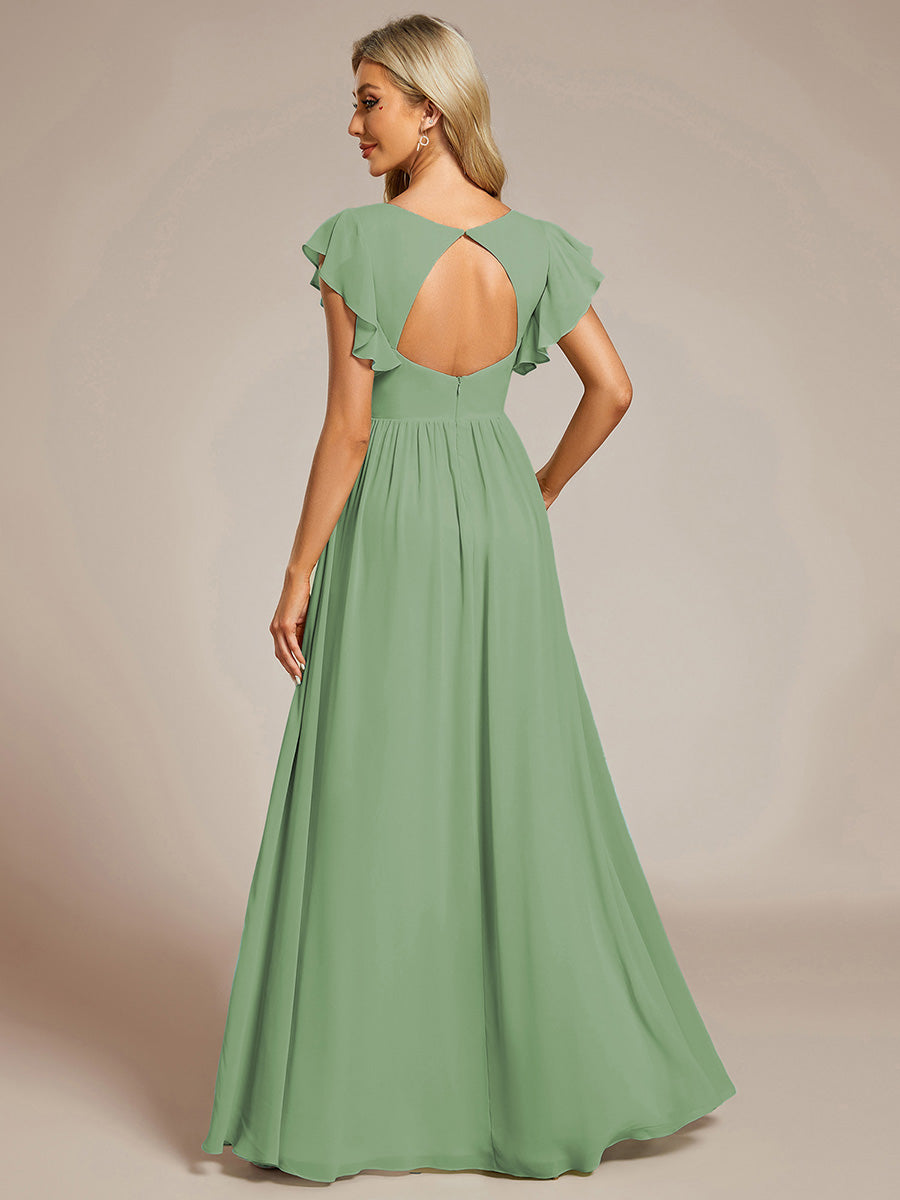 LILYANA™ | Robe de demoiselle d'honneur en mousseline à manches plissées et dos fendu