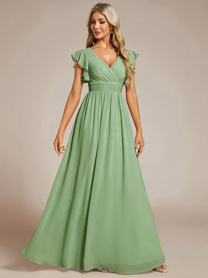 LILYANA™ | Robe de demoiselle d'honneur en mousseline à manches plissées et dos fendu