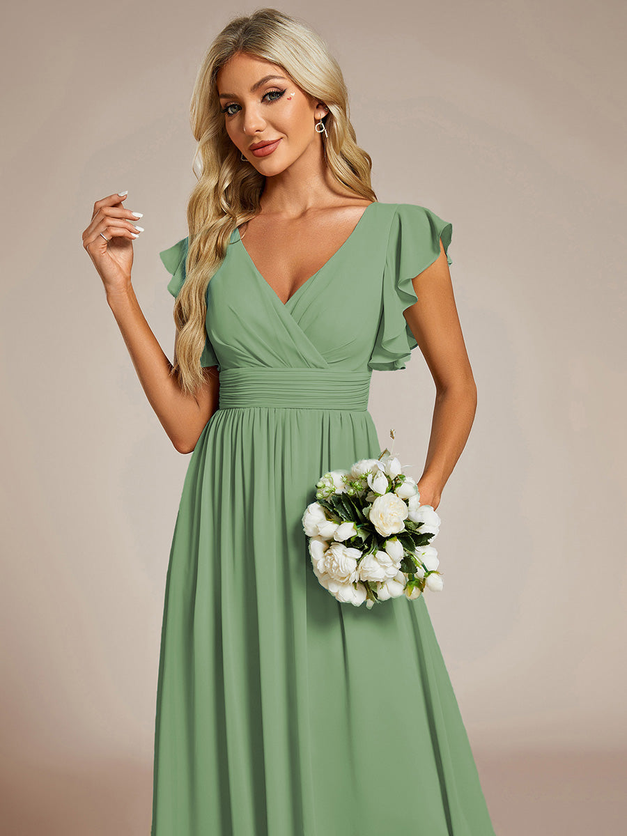 LILYANA™ | Robe de demoiselle d'honneur en mousseline à manches plissées et dos fendu
