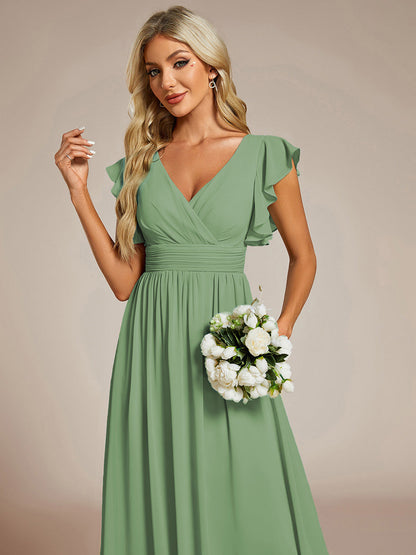LILYANA™ | Robe de demoiselle d'honneur en mousseline à manches plissées et dos fendu