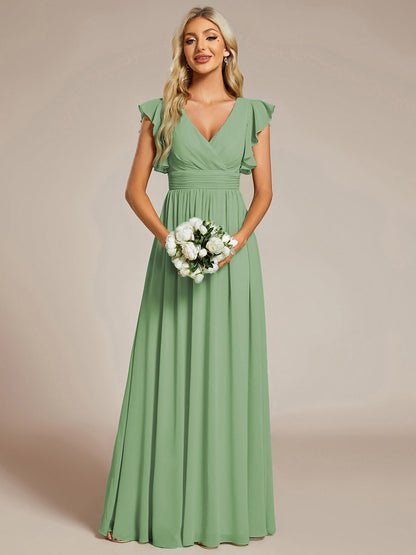 LILYANA™ | Robe de demoiselle d'honneur en mousseline à manches plissées et dos fendu