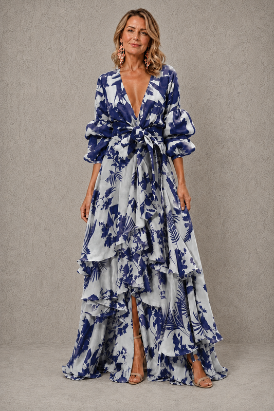 Victoria | Robe longue à volants et ceinture nœud