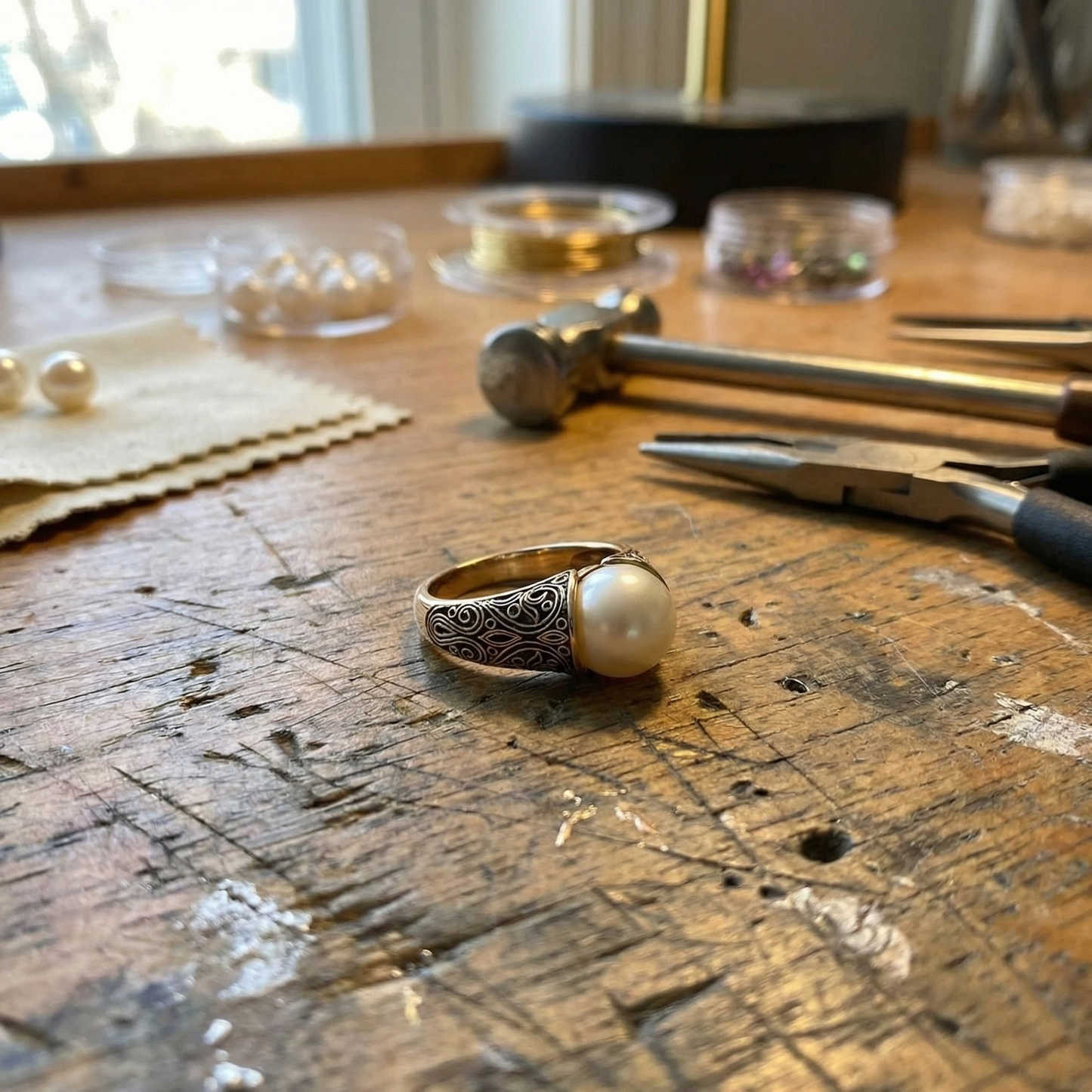 Bague vintage à perle dorée