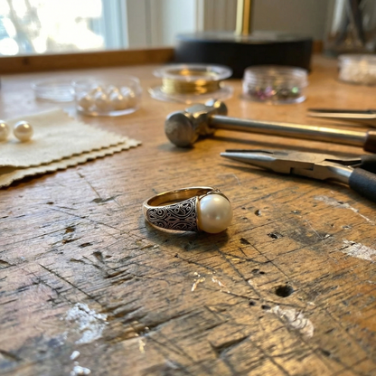 Bague vintage à perle dorée