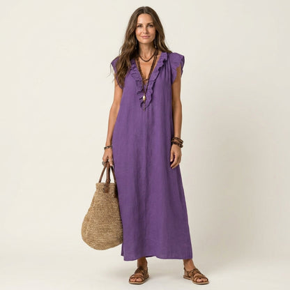 Josette | Robe longue à col V et volant